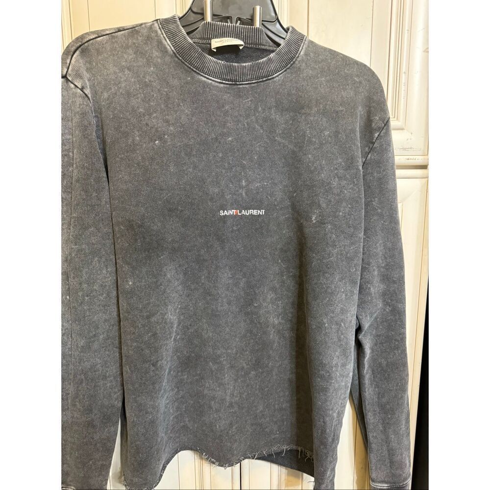 Saint Laurent Paris Women's Logo Print Distressed Sweatshirt Faded Gray Large
